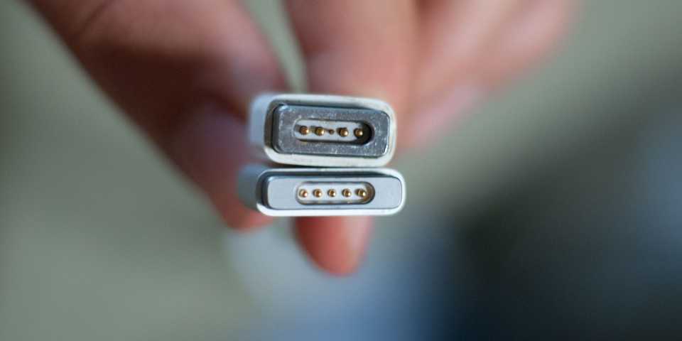 MagSafe connector on top, MagSafe 2 connector on the bottom.